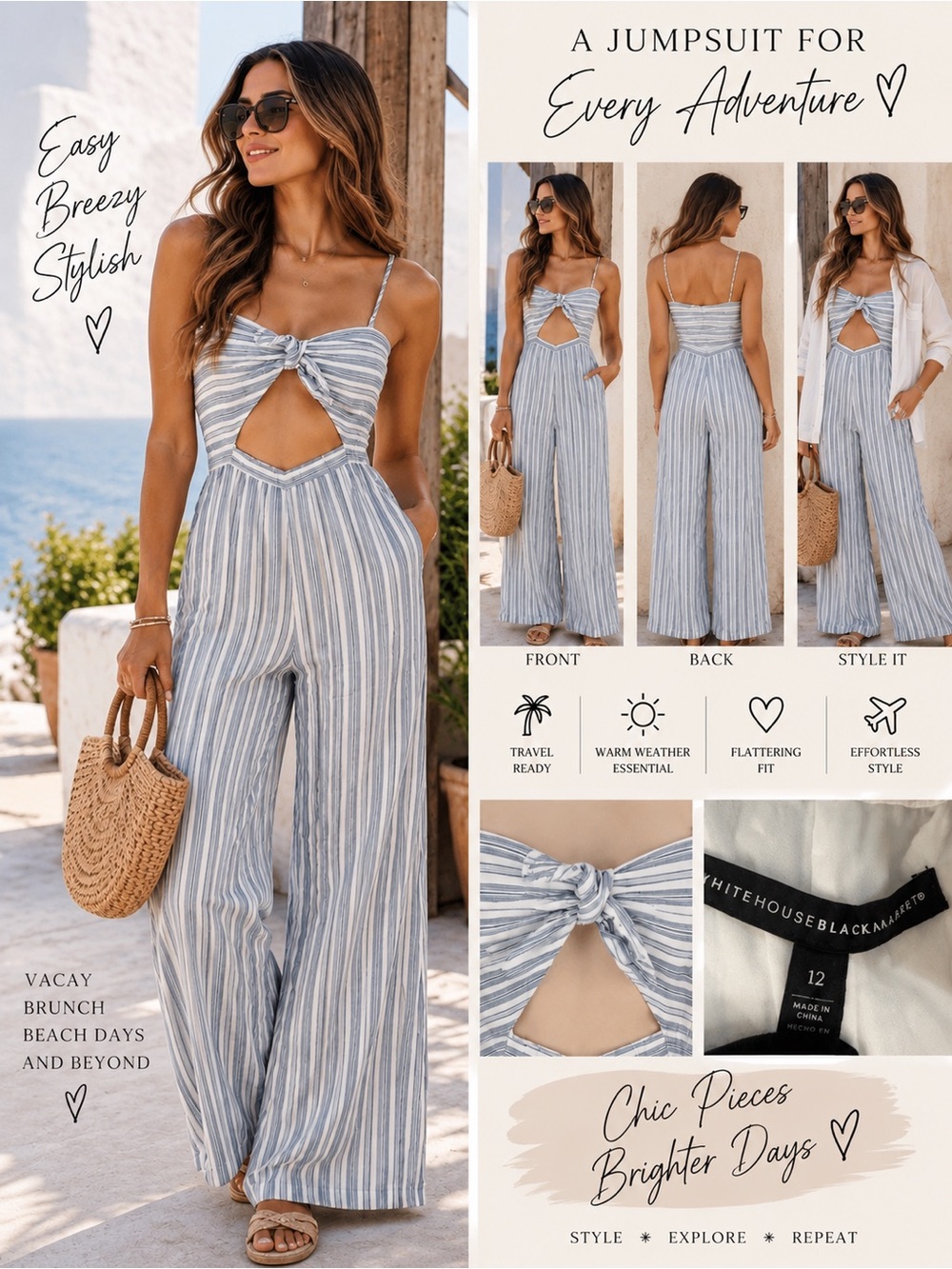 White House Black Market Striped Cutout Wide Leg Jumpsuit Size 12 Coastal